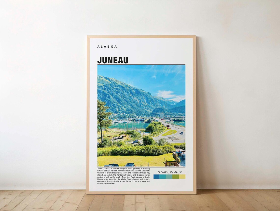 Juneau Alaska Travel Poster with a Scenic Harbor and Mountain Vista View