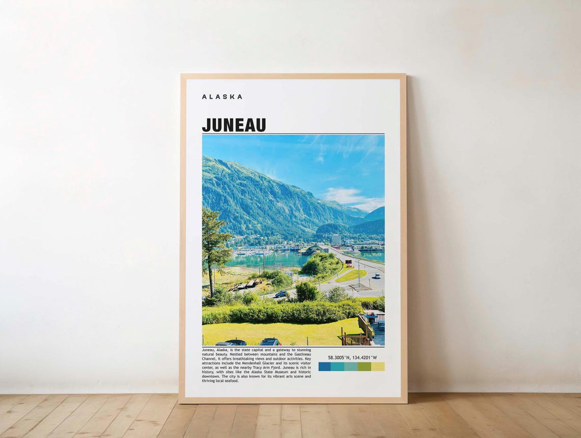 Juneau Print Travel Poster Alaska Art Scenic Glaciers Coastal Views Wildlife Adventure Vibrant City Outdoor Exploration Alaskan
