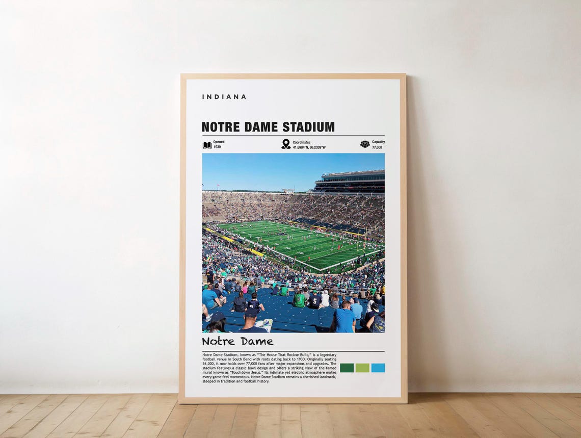 Notre Dame Stadium Print Indiana Poster South Bend Views Art Urban Charm Sports Arena College Sport City Landmark