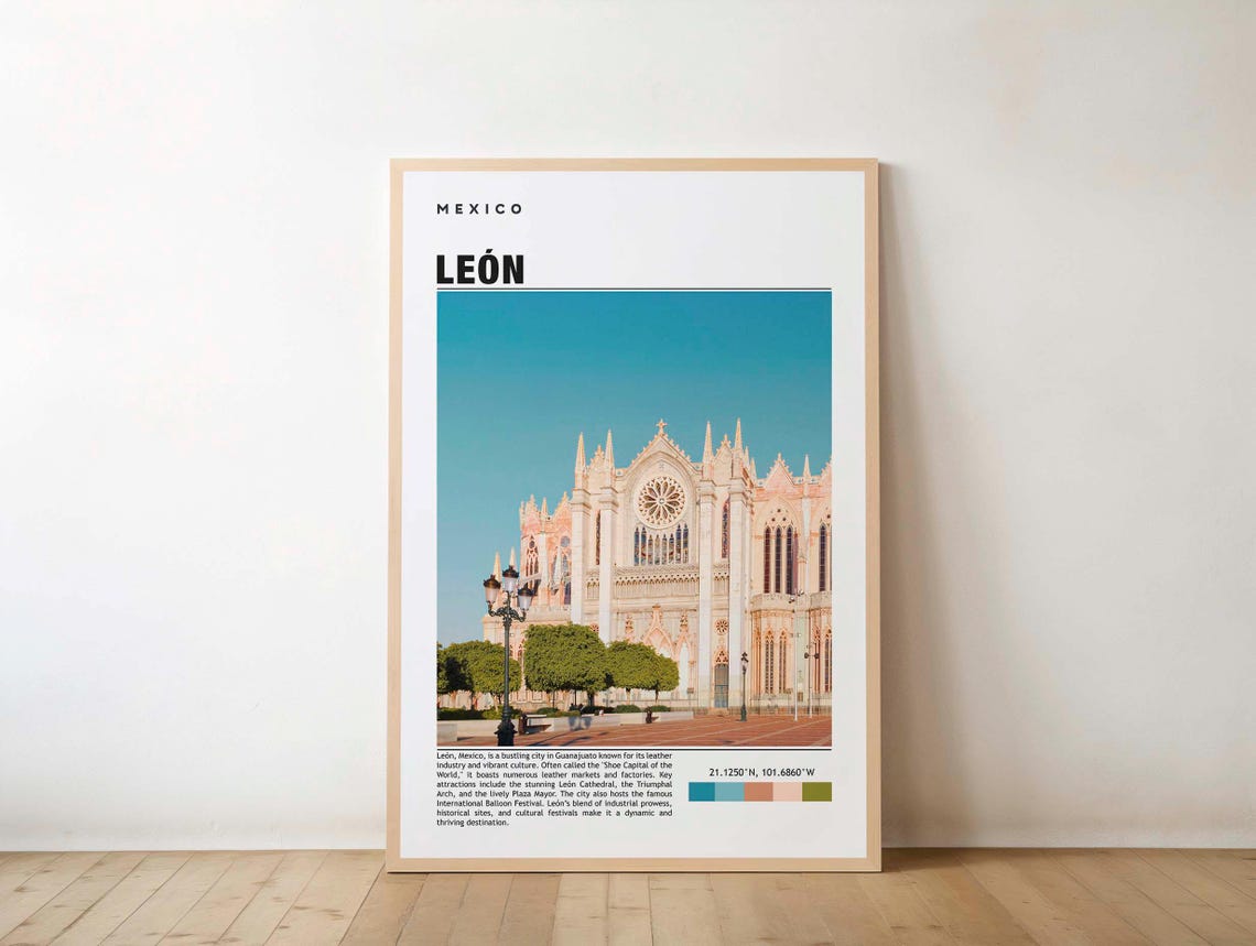 Leon Mexico Travel Poster with Stunning Gothic Cathedral Architecture