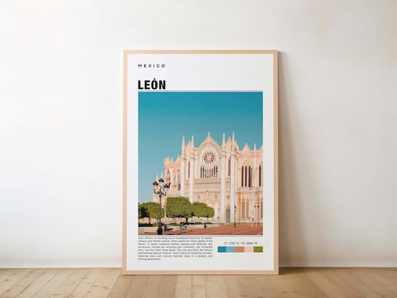 Leon Mexico Travel Poster with Stunning Gothic Cathedral Architecture