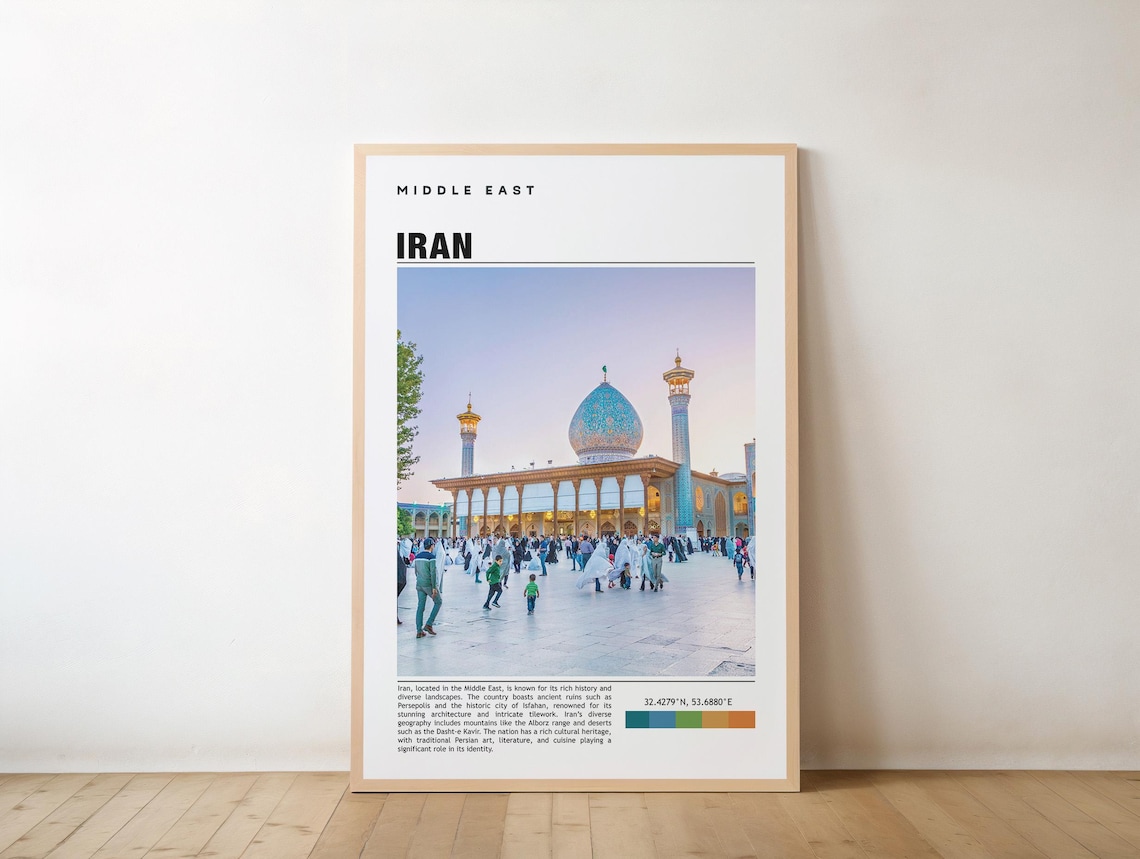 Iran Blue Dome Shrine Mosque Editorial Middle East Travel Poster