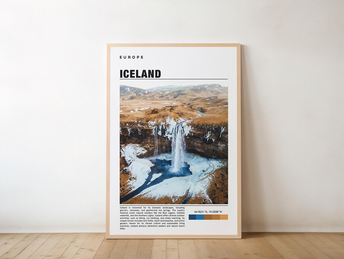 Iceland Waterfall Snowy Winter Landscape Europe Travel Art Poster