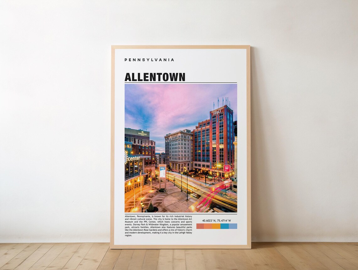 Allentown Pennsylvania Downtown Dusk Travel Guide City Poster