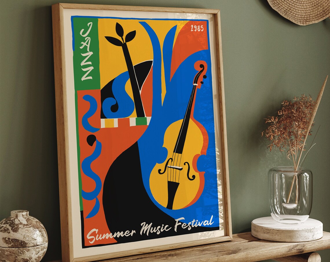 Summer Music Festival 1985 Jazz Poster Abstract Double Bass Art