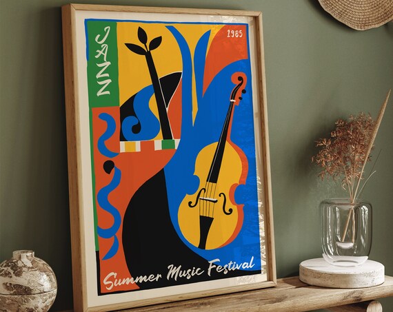 Summer Music Festival 1985 Jazz Poster Abstract Double Bass Art