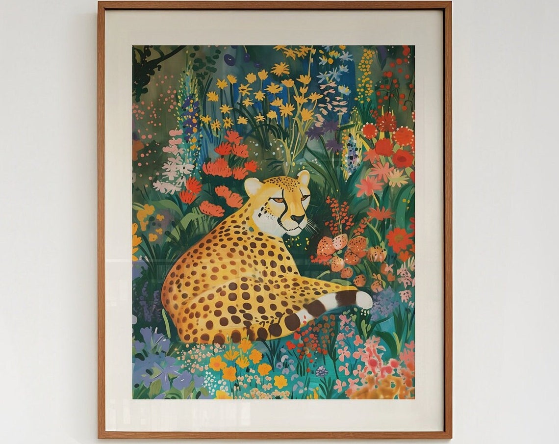 Floral Cheetah Maximalist Jungle Garden Blooms Big Cat Wall Art - Image 4
