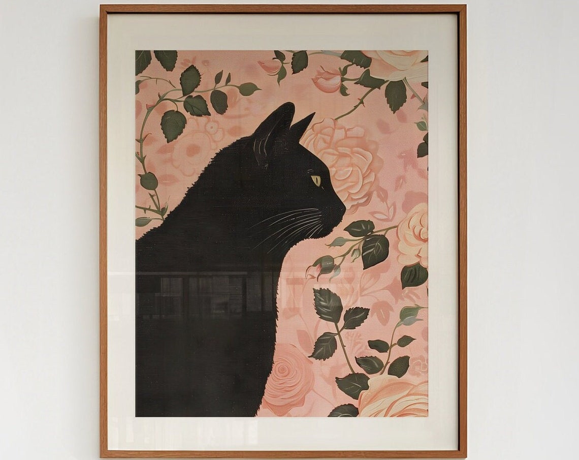 Floral Black Cat Print Vintage Black Cat Painting Witchy Decor Witches Cat Print Dark Academia Wall Art Pink Moody Cat Print Animal Wall Art - Image 2