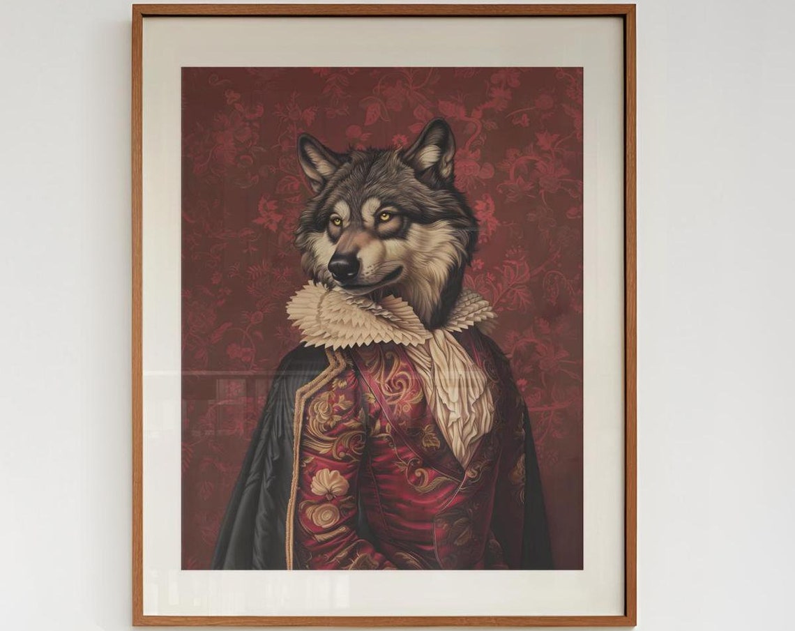 Noble Wolf In Renaissance Ruff Red Brocade Costume Portrait Poster - Image 3