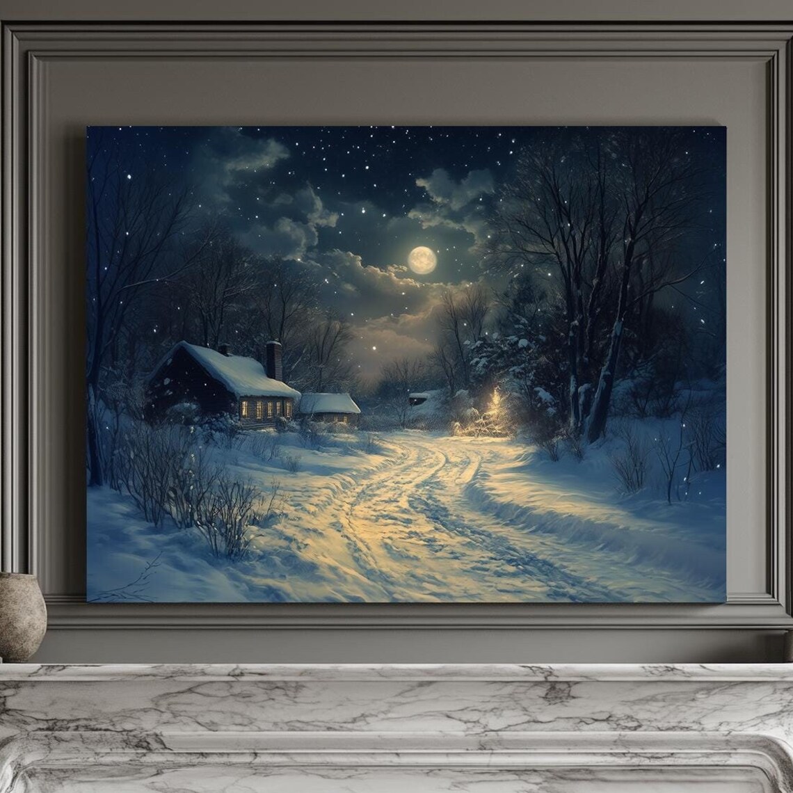 Full Moon Over Snow Covered Trail To Cozy Cabin In Winter Night Wall Art