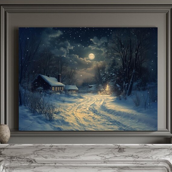 Full Moon Over Snow Covered Trail To Cozy Cabin In Winter Night Wall Art