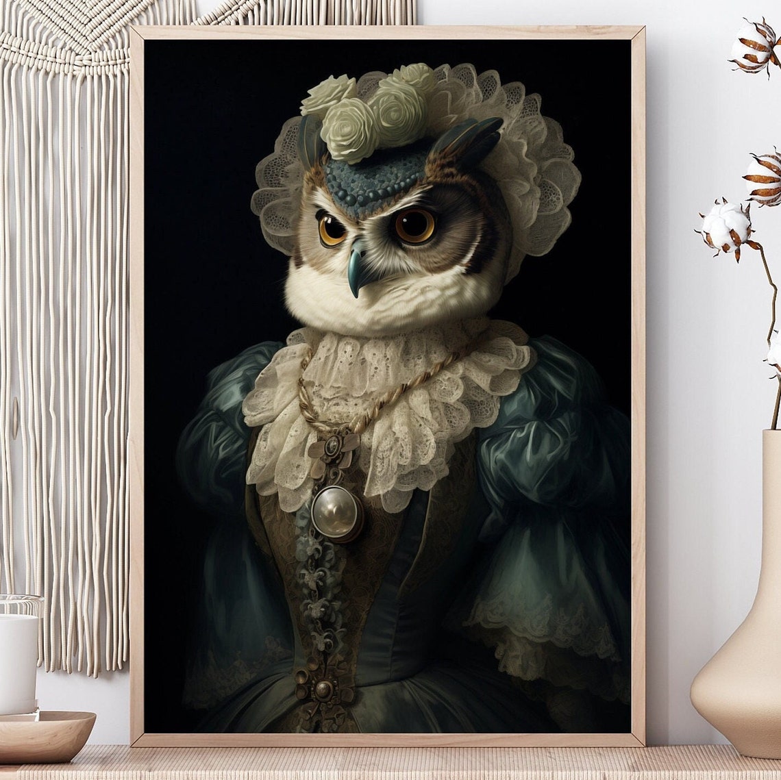 Victorian Owl Portrait in Blue Gown With Roses Pearls Art Print - Image 2