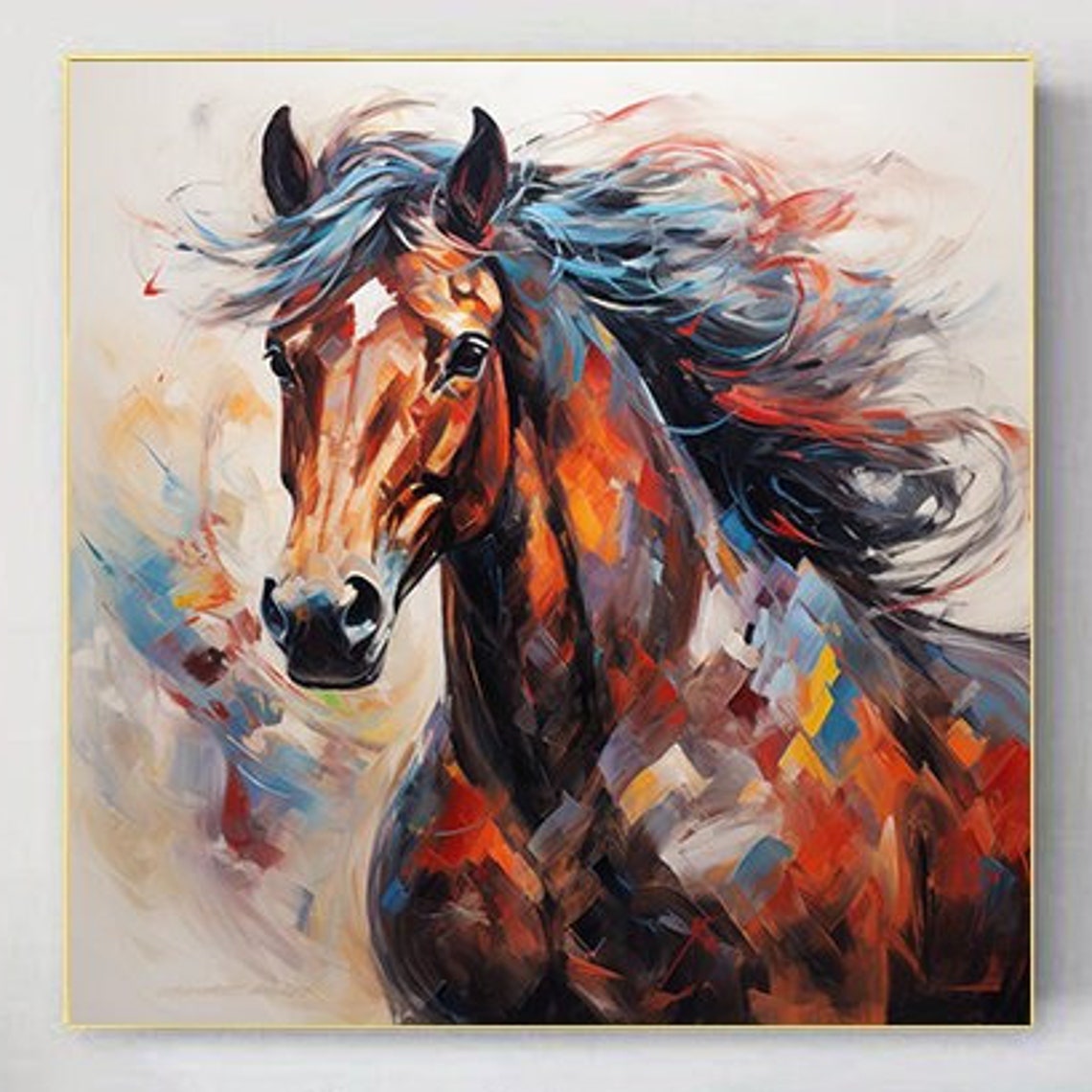Multicolor Horse Portrait Blue Mane Abstract Oil Painting Poster