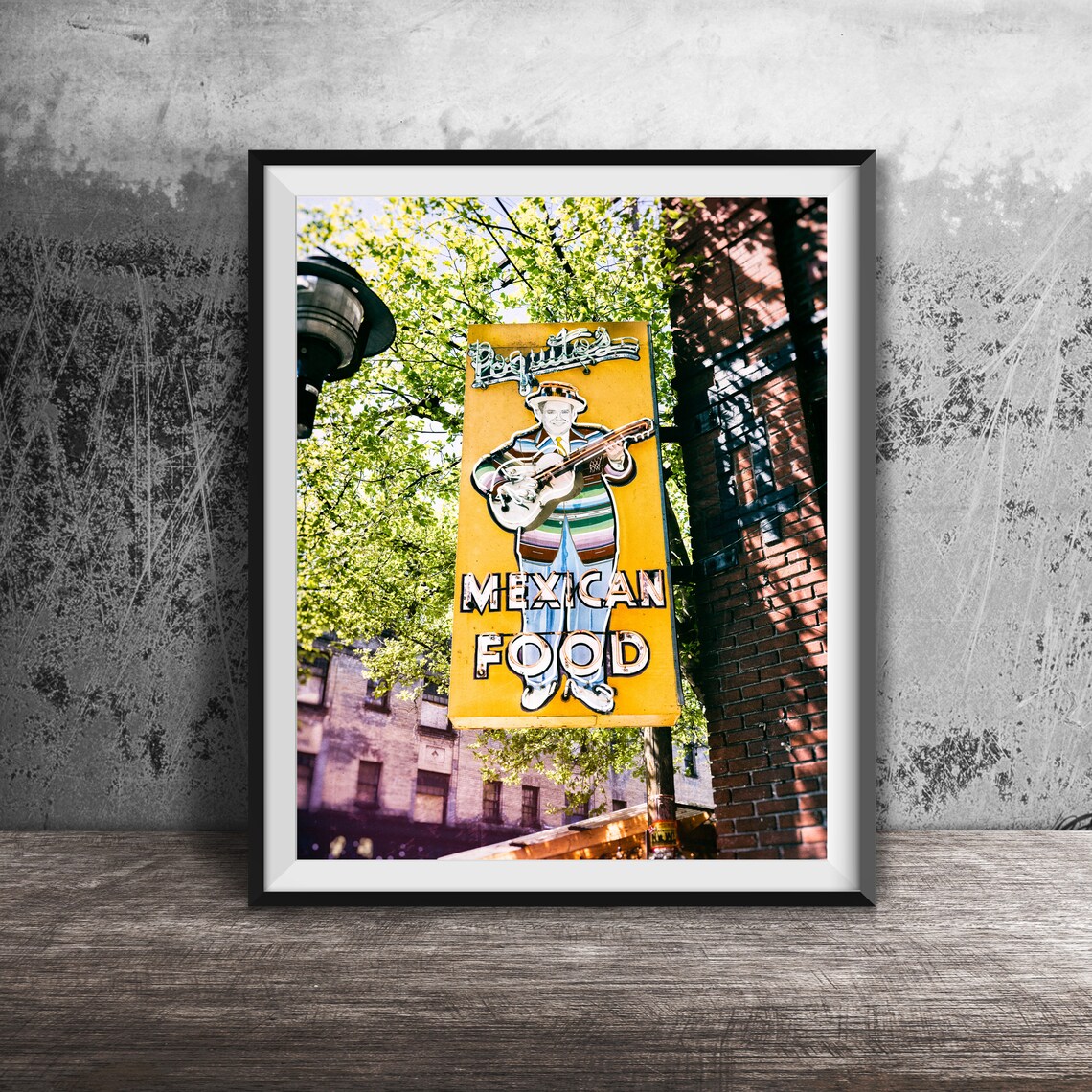 Poquitos Mexican Food Neon Sign Mariachi Guitarist Photography Poster