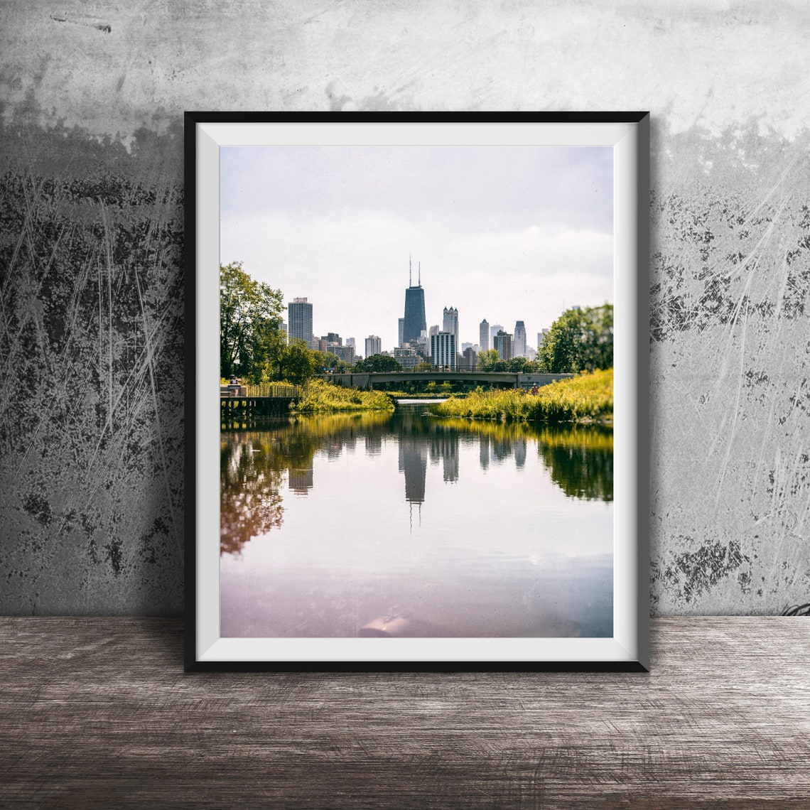 Chicago Skyline Reflected In Lagoon Nature Boardwalk Photo Poster