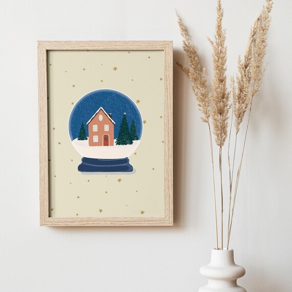 Christmas Snow Globe Cosy House Starry Night Vintage Holiday Print
