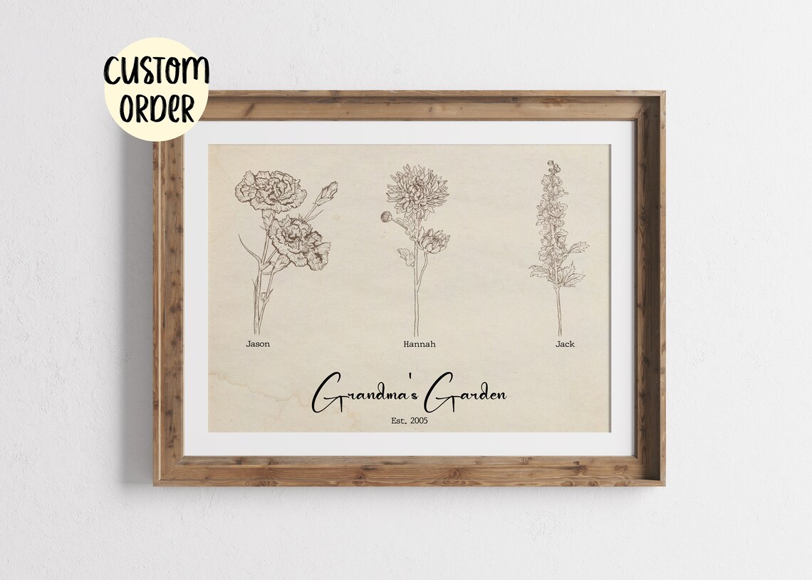 Grandmas Garden Est 2005 Vintage Botanical Line Art Family Poster