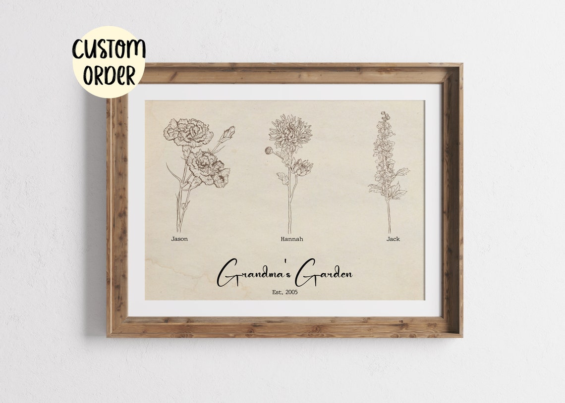 Grandmas Garden Flower Print Moms Garden Family Birth Month Flowers Custom Order Antique Sepia Flower Print