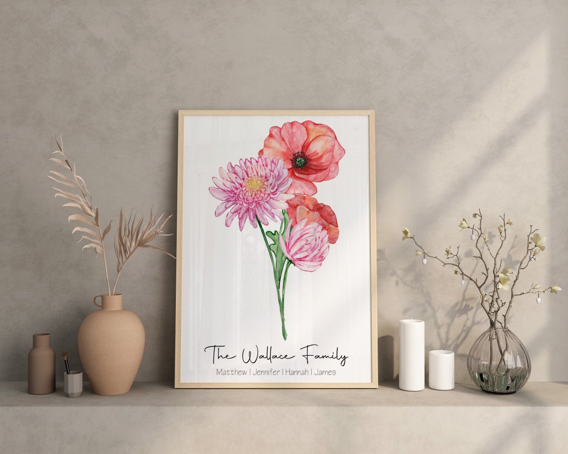 Personalized Family Birth Flower Bouquet Watercolor Art Poster - Image 2