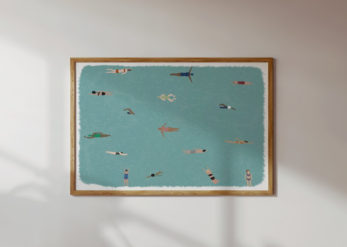 Tiny People Swimming In Pool, Minimalist Water Art Print