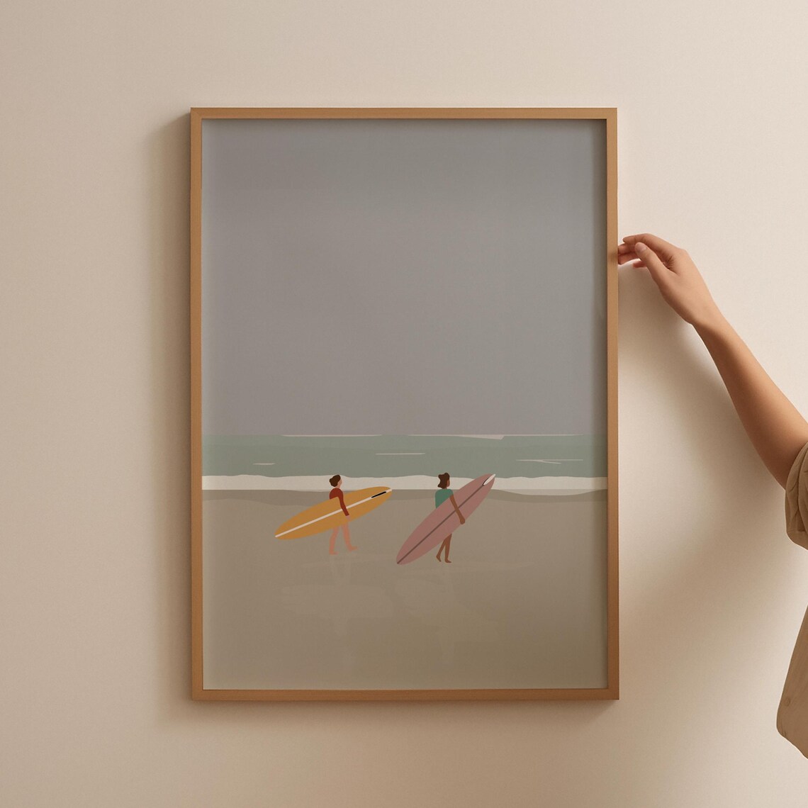 Surfers at Beach Minimalist Art Print, Beach House Decor