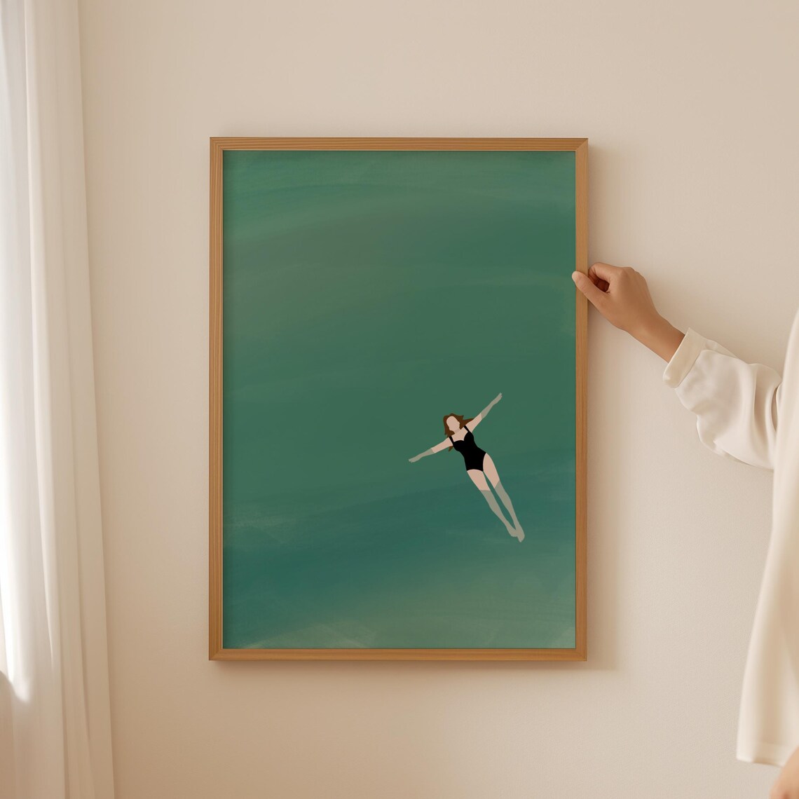 Woman Floating In Water Print, Cute Summer Wall Poster