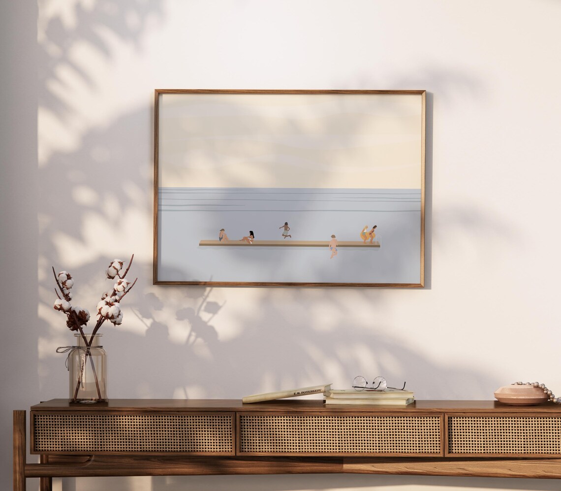 Tiny People Swimming at Lake Dock, Minimalist Art Print - Image 2