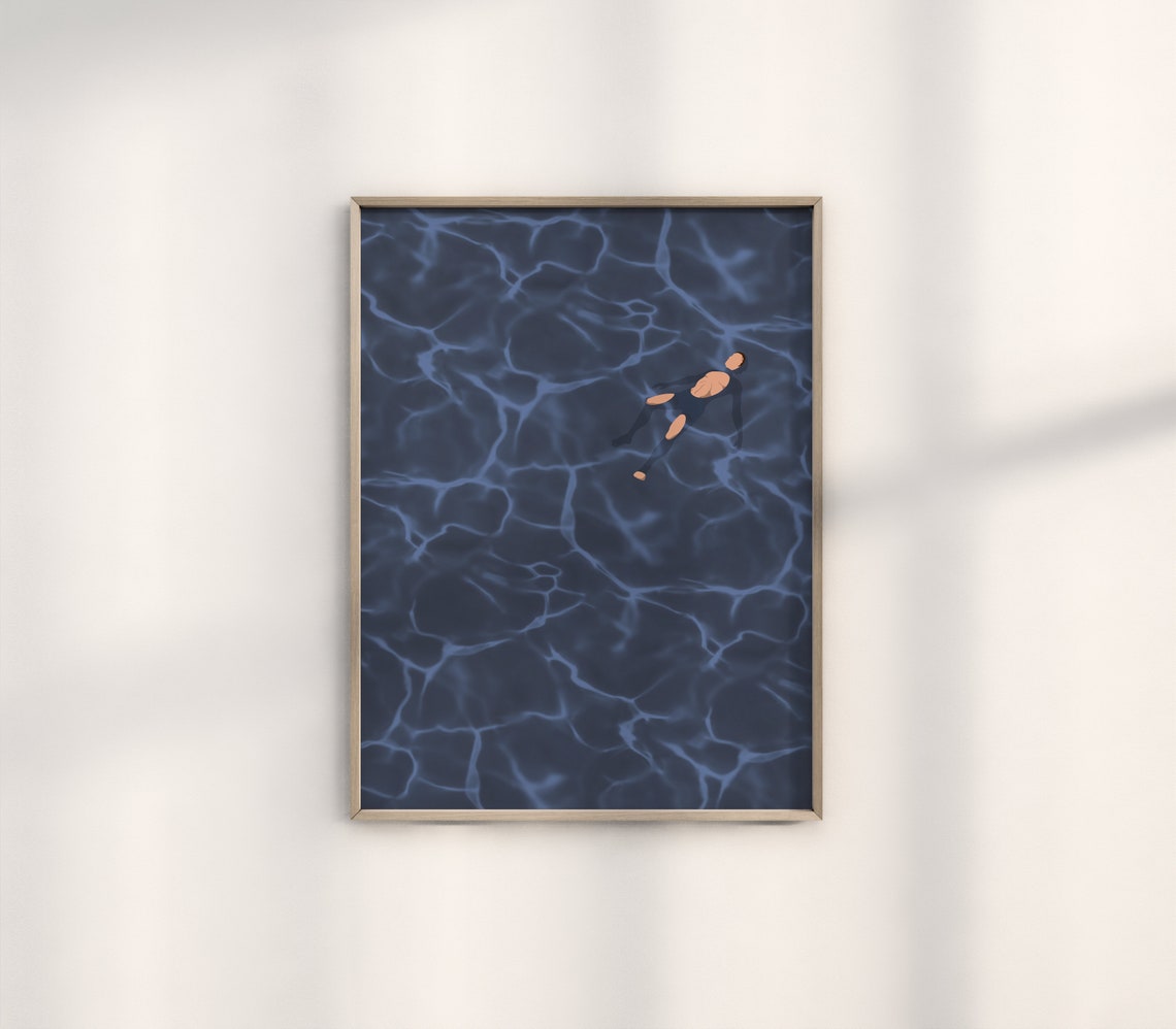 Lone Swimmer Floating in Dark Navy Rippling Water Minimalist Poster