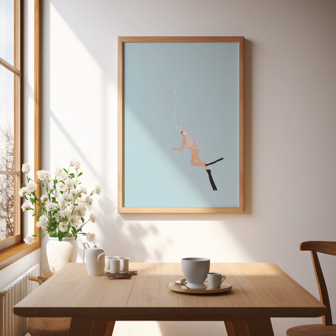 Woman Freediving Deep Blue Water Minimalist Ocean Swimmer Art Poster - Image 3