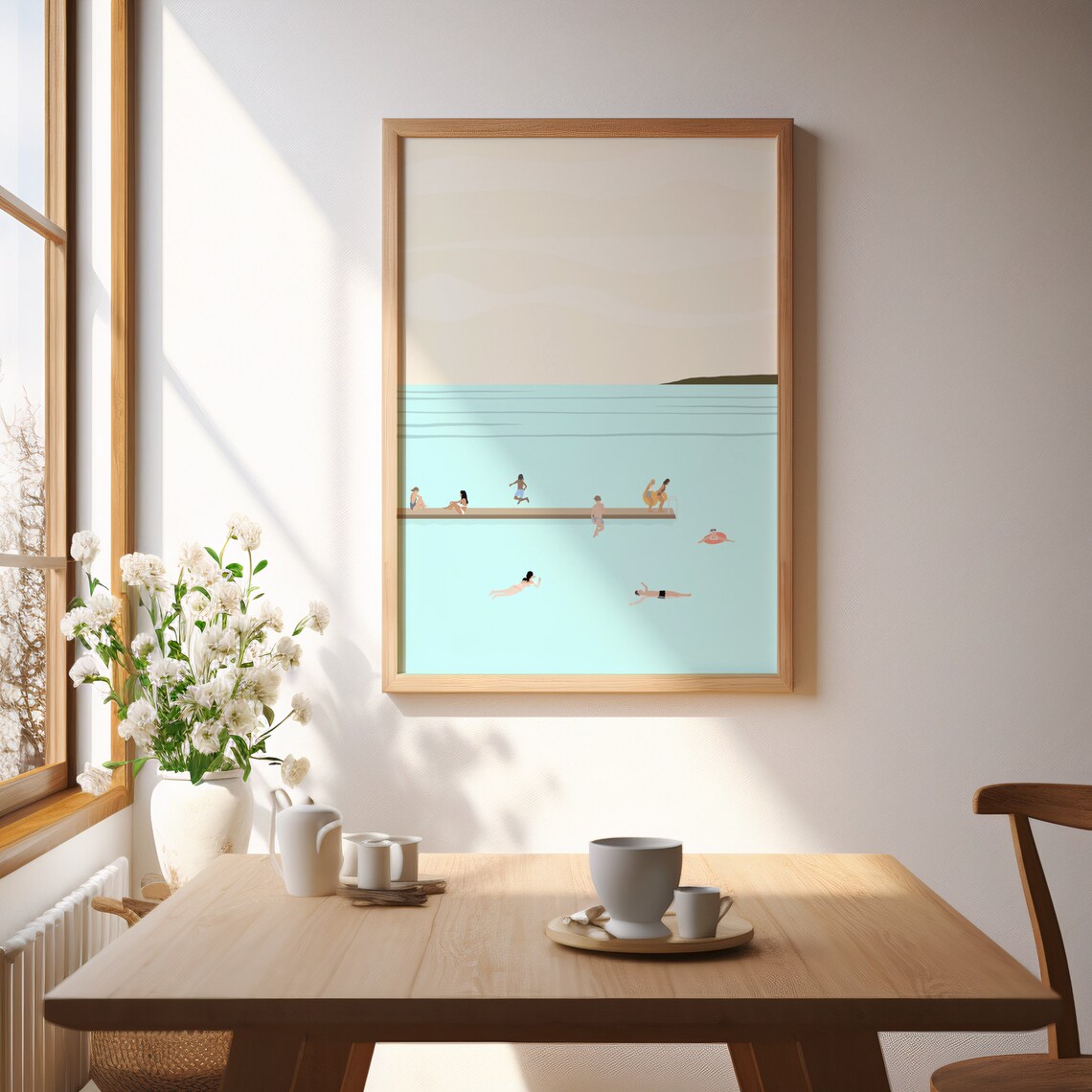 Tiny People Swimming In Lake Art Print, Minimalist - Image 2