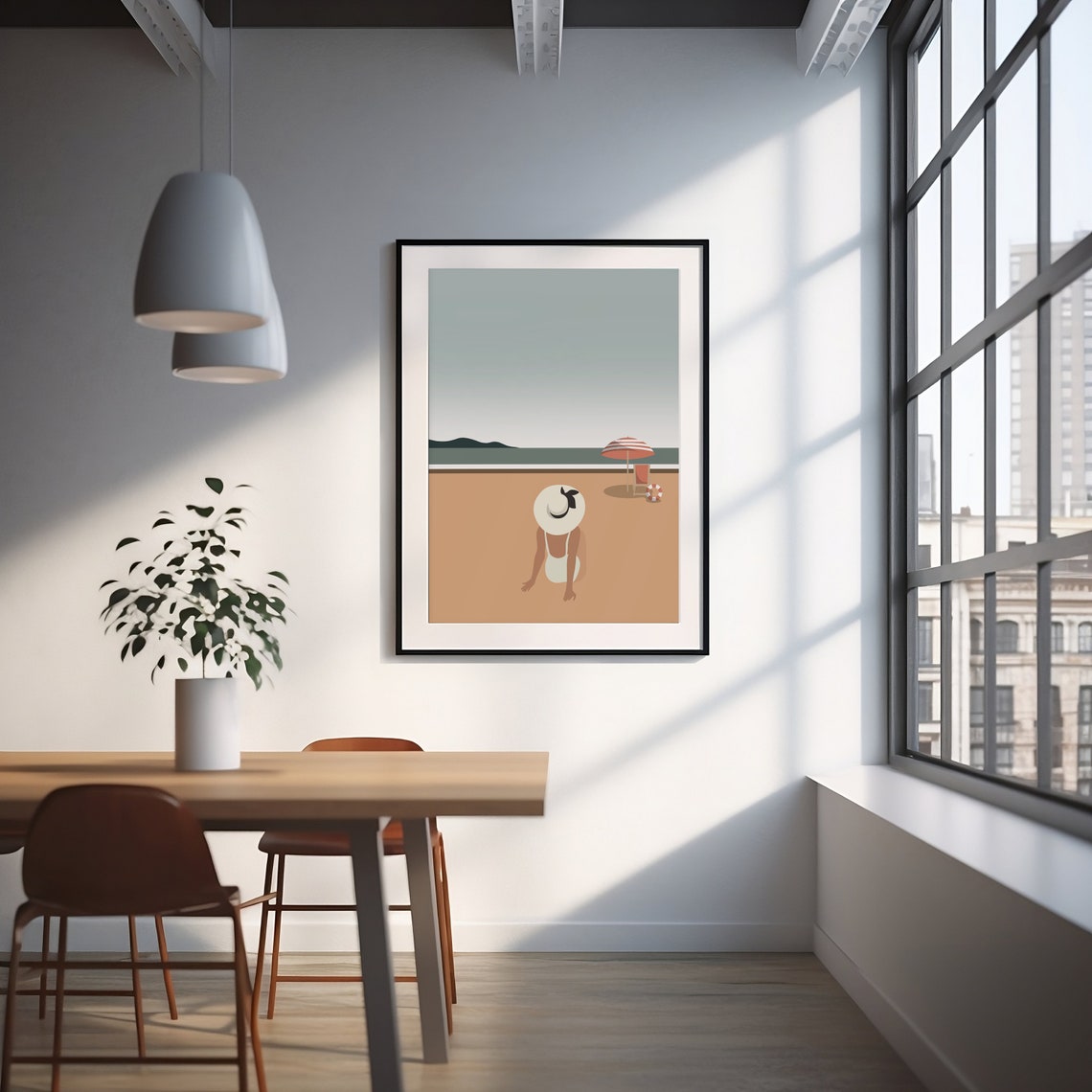 Woman Sunbathing On Tan Beach Retro Striped Umbrella Scene Art Poster - Image 2