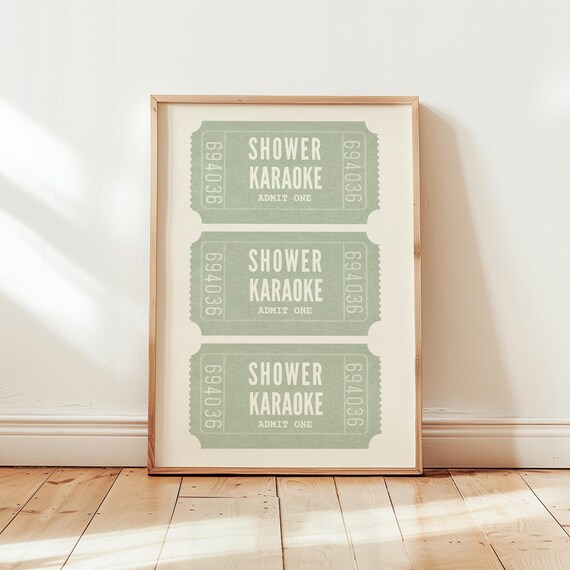 Shower Karaoke Admit One Ticket Wall Art Sage Green Bathroom Decor