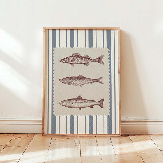 Vintage Fish Trio Navy Striped Background Coastal Decor Poster Art