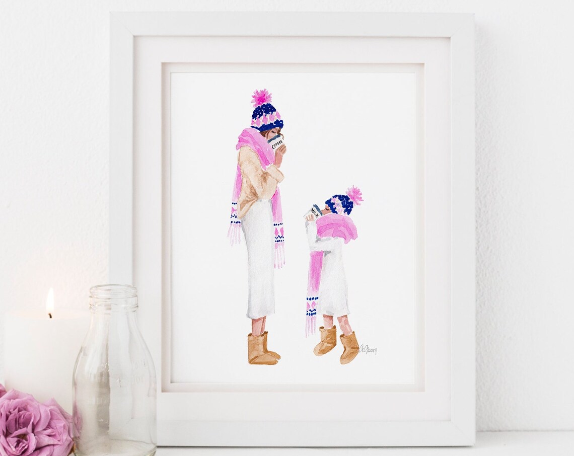 Mom and Daughter Coffee Date Winter Pink Scarves Portrait Poster