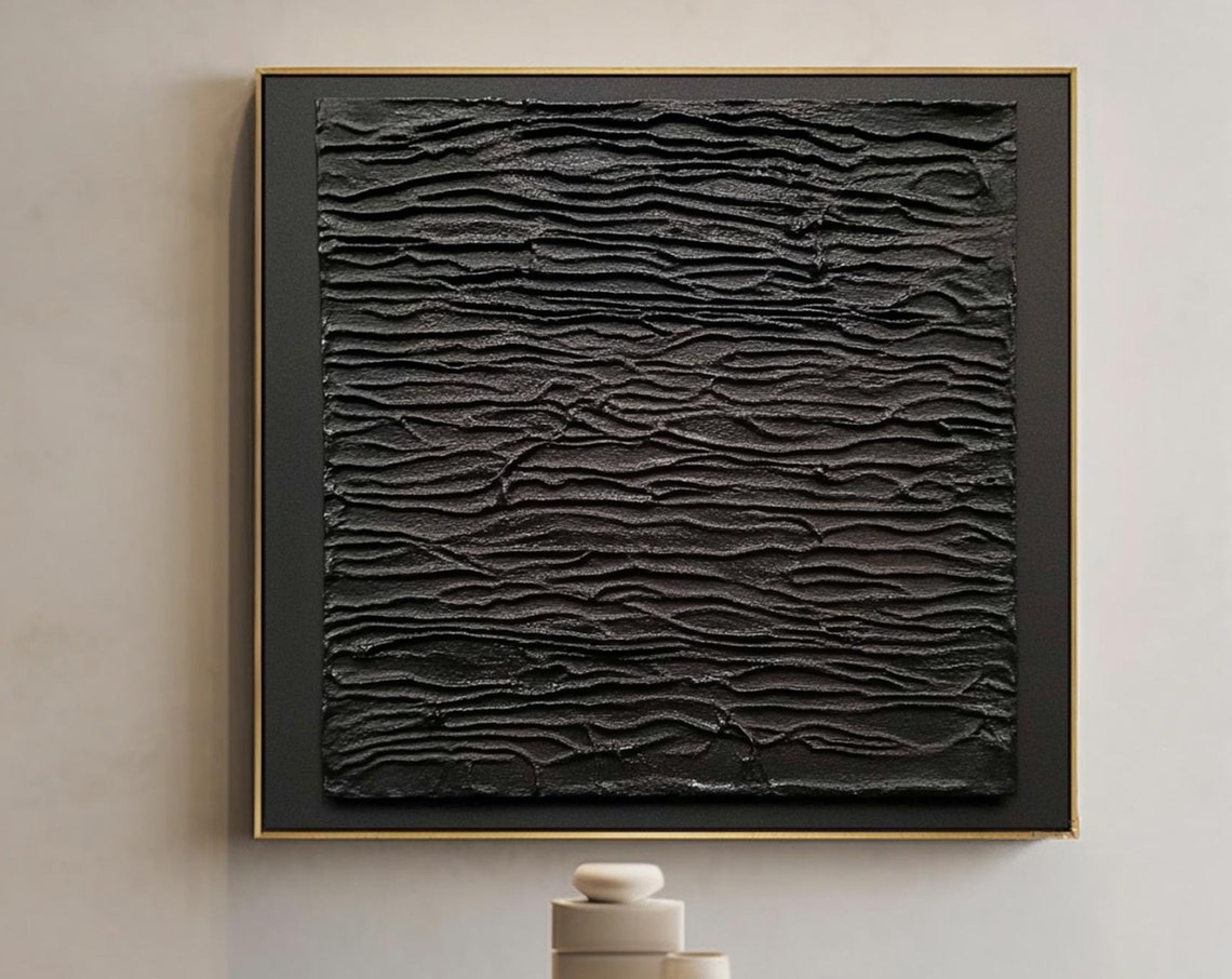 Black Textured Wave Abstract Dark Gold Frame Moody Modern Poster