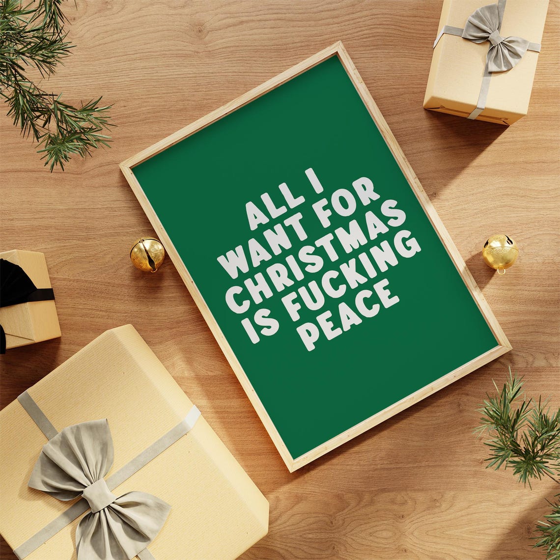 All I Want For Christmas Is Peace Funny Green Bold Quote Poster - Image 2