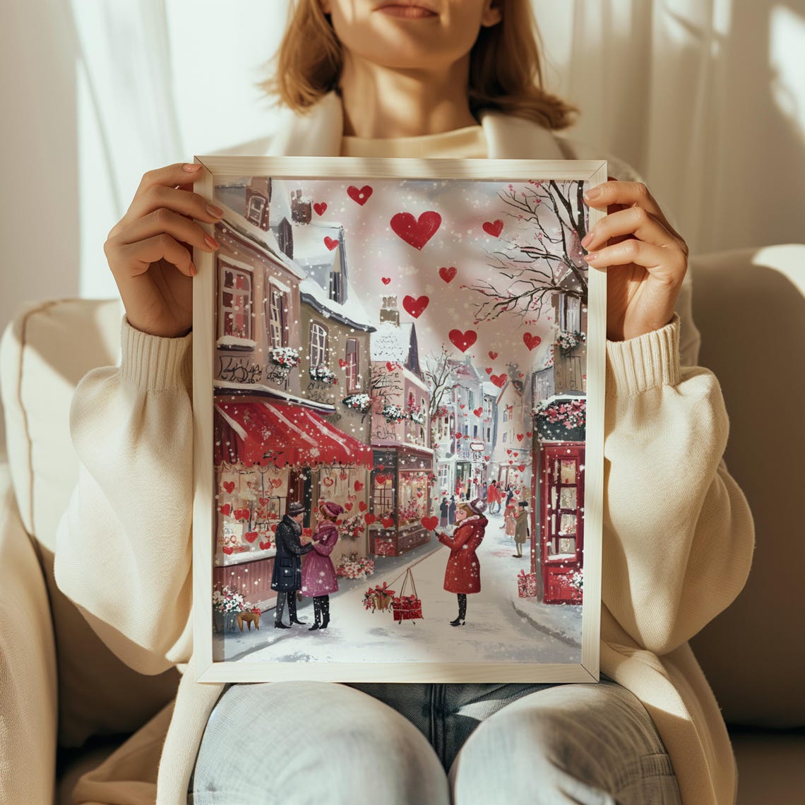 Snowy Valentine Town Street Couple Hearts Falling Romantic Poster - Image 2