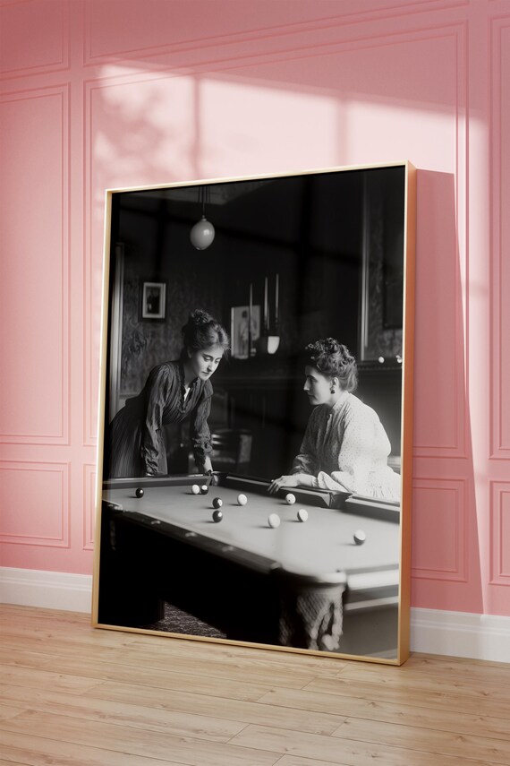 Vintage Black And White Photo Women Playing Billiards Game Poster