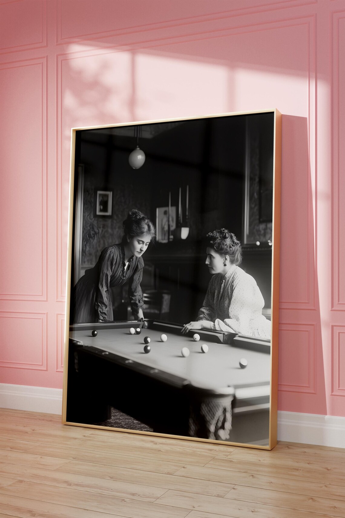 Vintage Black And White Photo Women Playing Billiards Game Poster