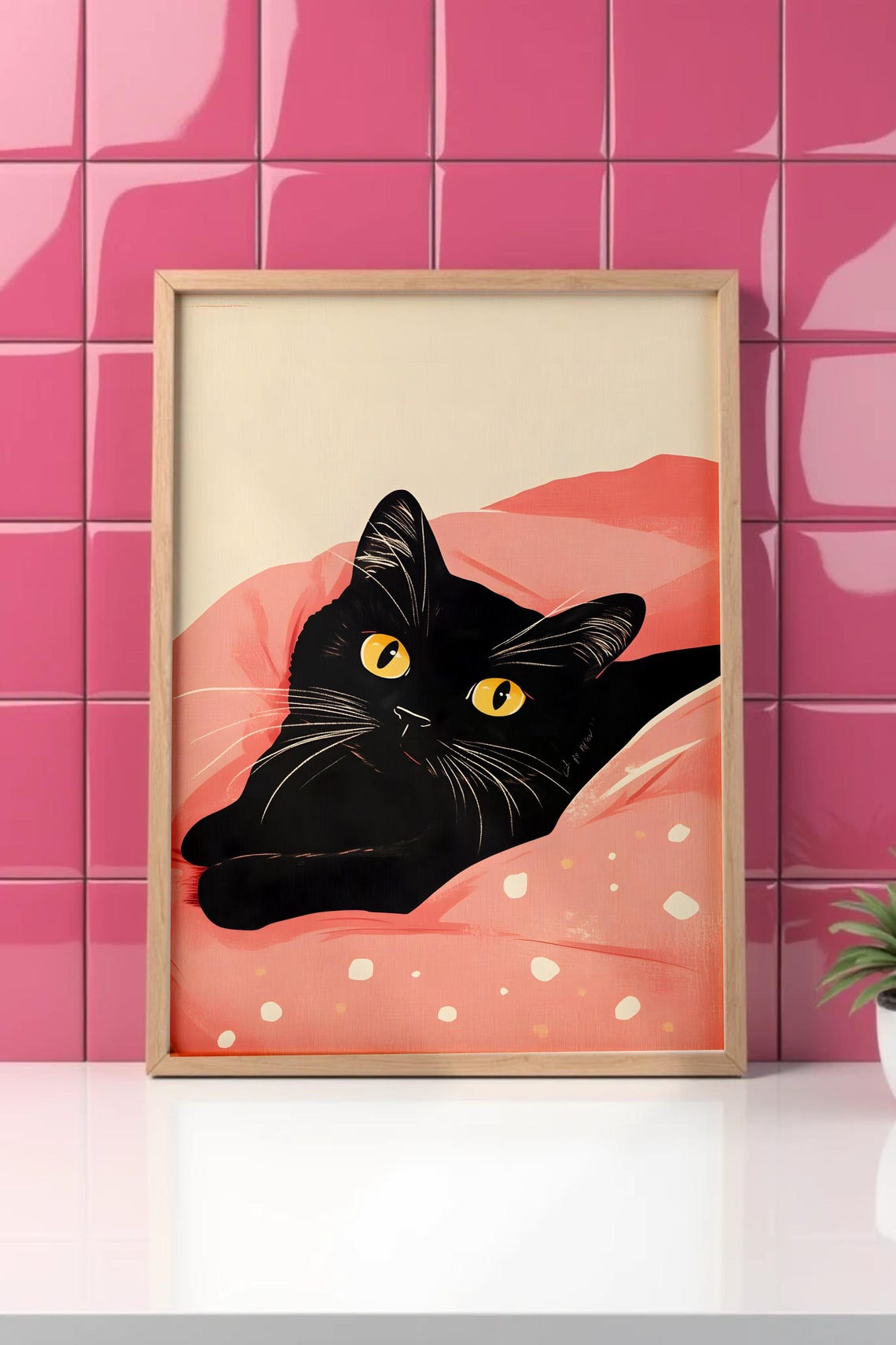 Black Cat Under Pink Blanket Cozy Cute Yellow Eyes Pet Poster - Image 2