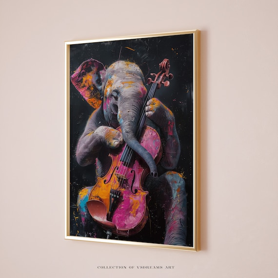 Elephant Playing Colorful Cello Neon Splash Orchestra Music Art Poster