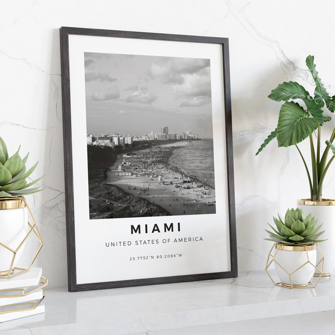 Miami Florida Black and White Beach Skyline Coordinates Poster