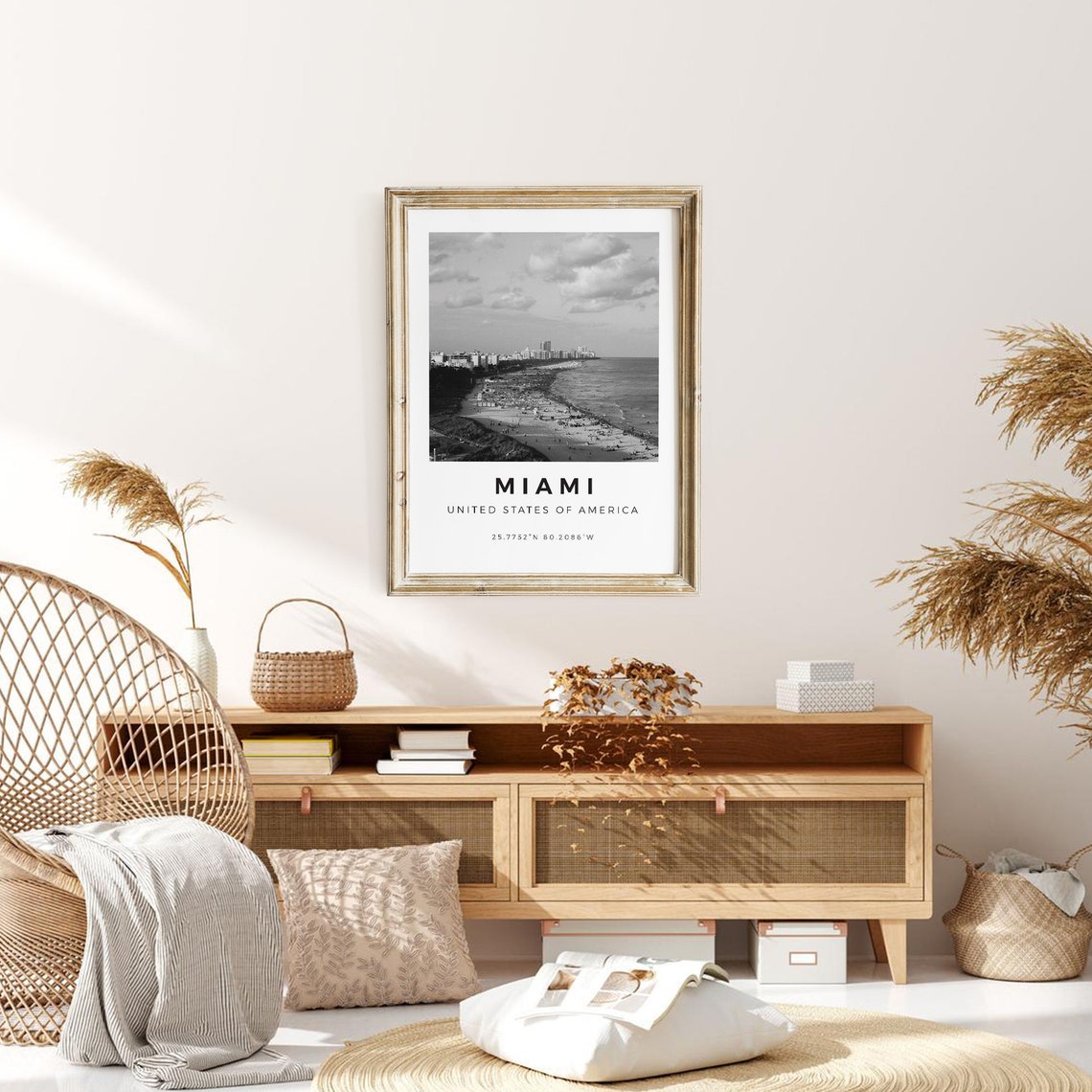 Miami Florida Black and White Beach Skyline Coordinates Poster - Image 3