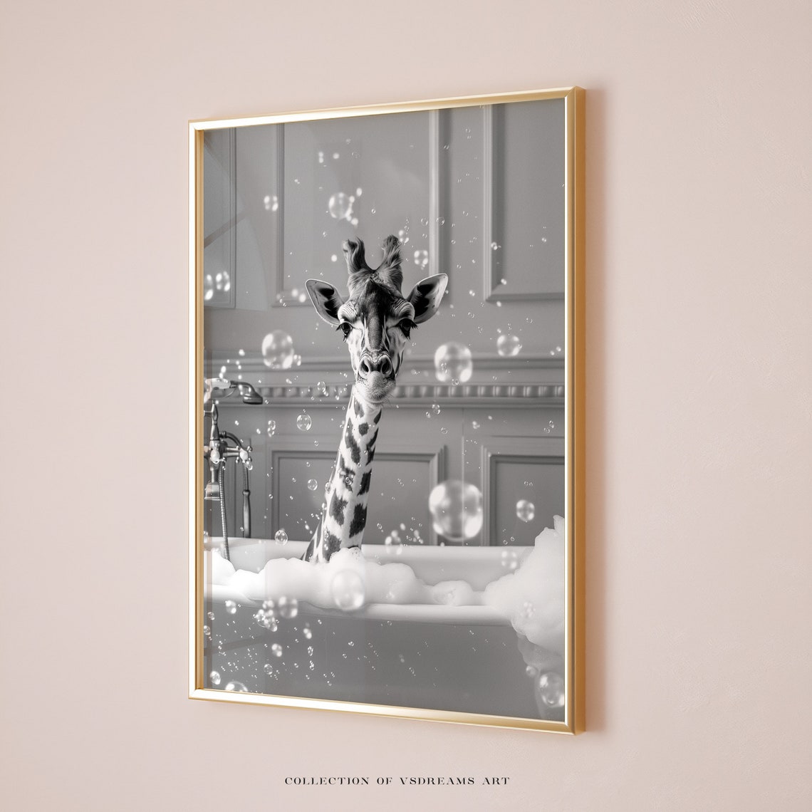 Giraffe Taking a Bubble Bath Black and White Funny Bathroom Poster