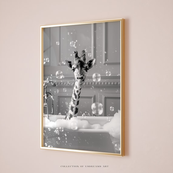 Giraffe Taking a Bubble Bath Black and White Funny Bathroom Poster