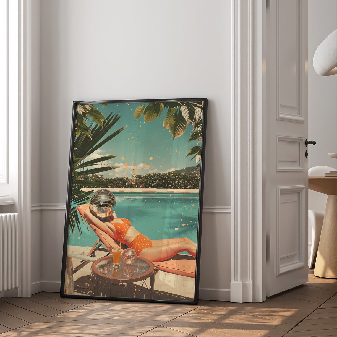 Retro Poolside Woman Disco Ball Face Cocktail Summer Vibes Poster - Image 2