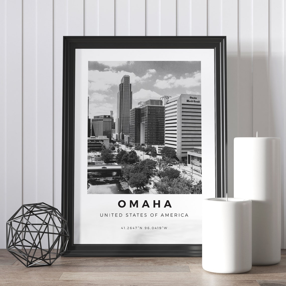 Omaha Nebraska Black and White Downtown Skyline Coordinates Poster - Image 4