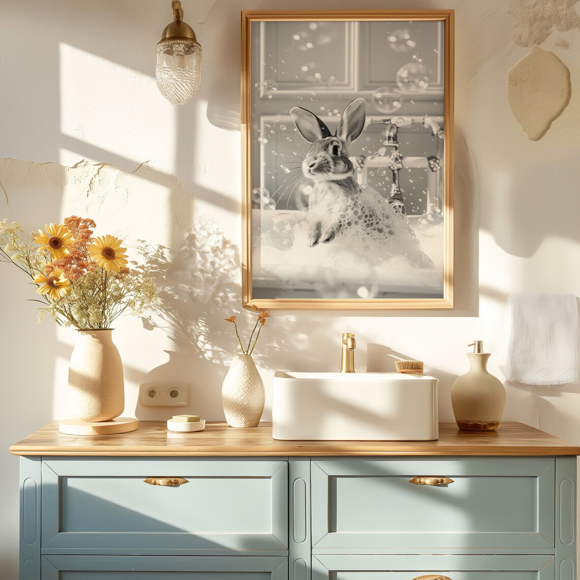 Black and White Rabbit Bubble Bath Monochrome Bunny Bathroom Art Poster - Image 2