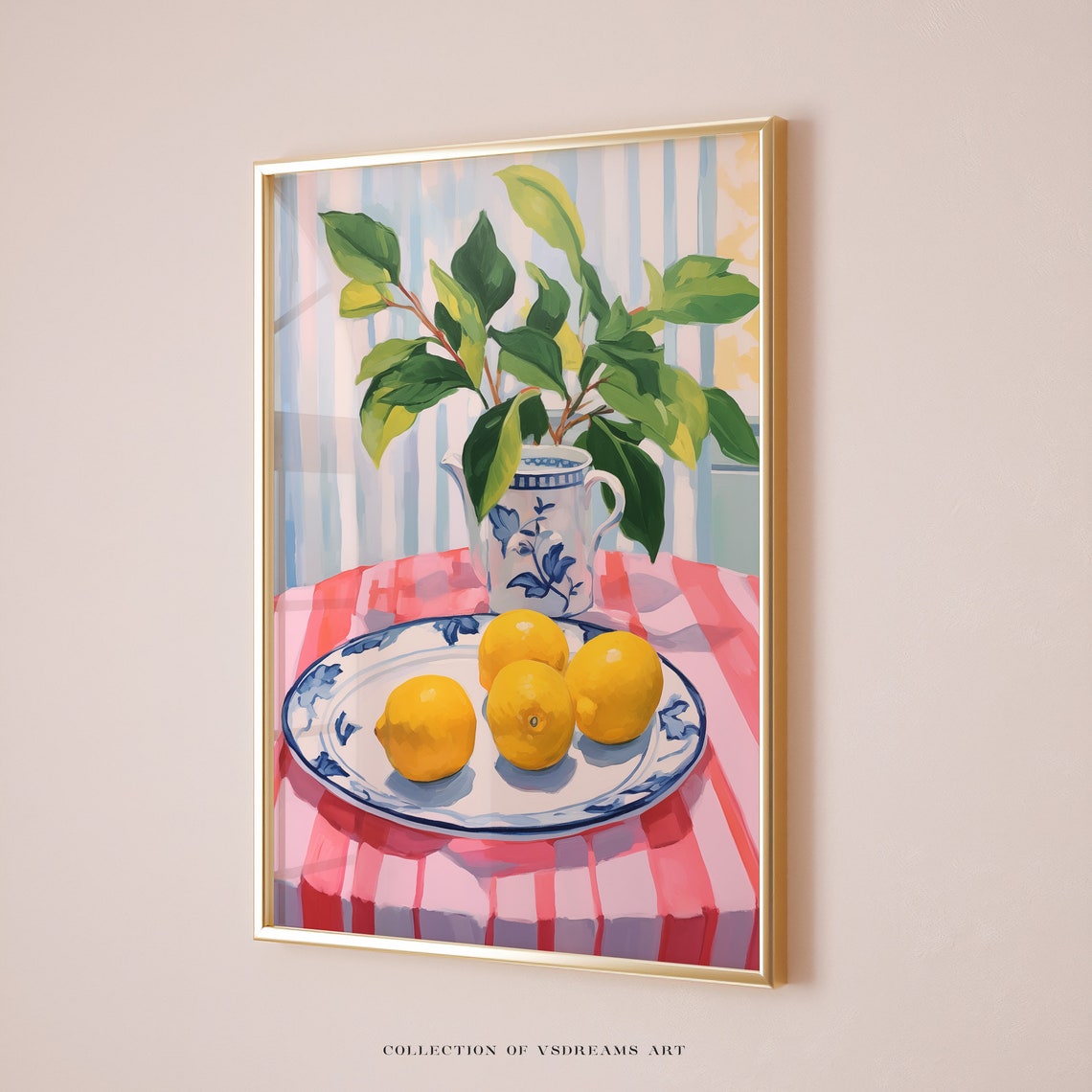 Lemons on Blue Plate Pitcher Striped Tablecloth Still Life Poster