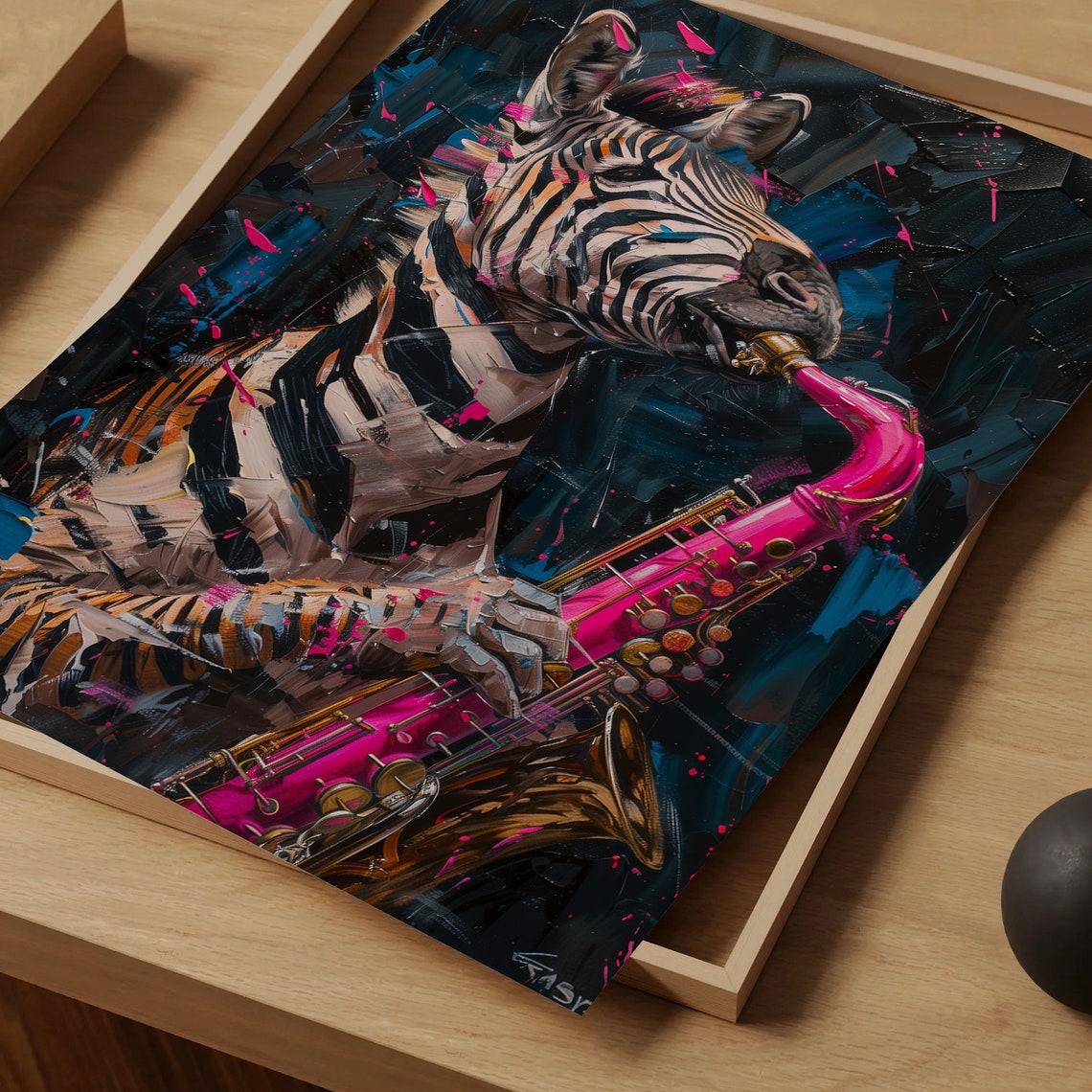 Zebra Playing Pink Saxophone Neon Splash Bold Jazz Music Animal Poster - Image 5